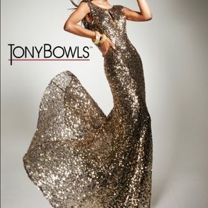 Tony Bowls Gold sequin low back prom dress